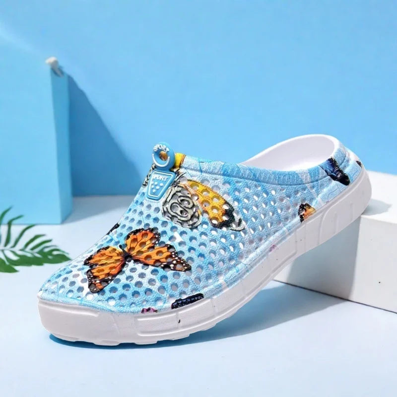 Women's Lightweight Slip-On Clog Shoes Butterfly Print Flat Bottom/Indoor Outdoor Beach Casual Sandals Comfortable Home Slippers