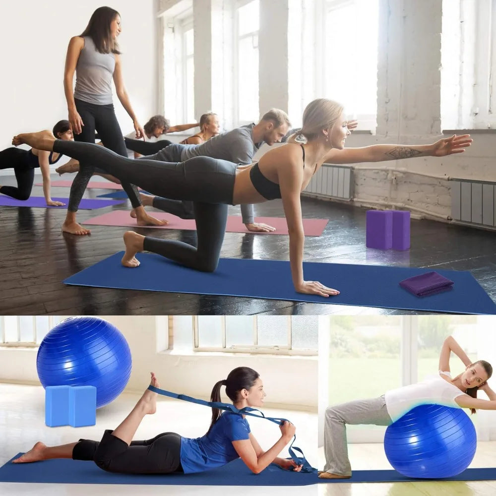 Yoga Starter Kit - 11-Piece Set with Yoga Blocks/Strap Ball, Mat, Carrying Strap, Net Bag, Cooling Towel
