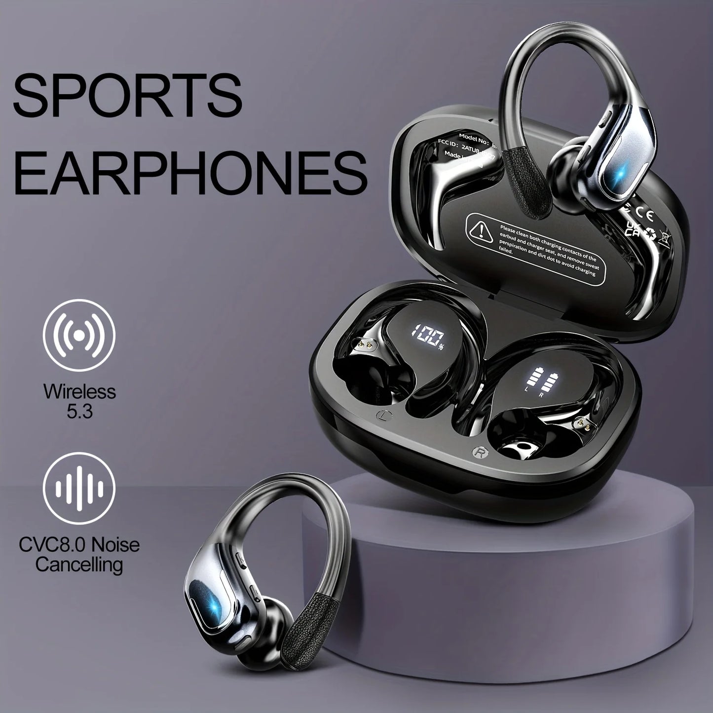 Wireless Earbuds For Running Sports Wireless Earphones With Earhooks/Dual-LED Display Noise Cancelling Sports Earbuds