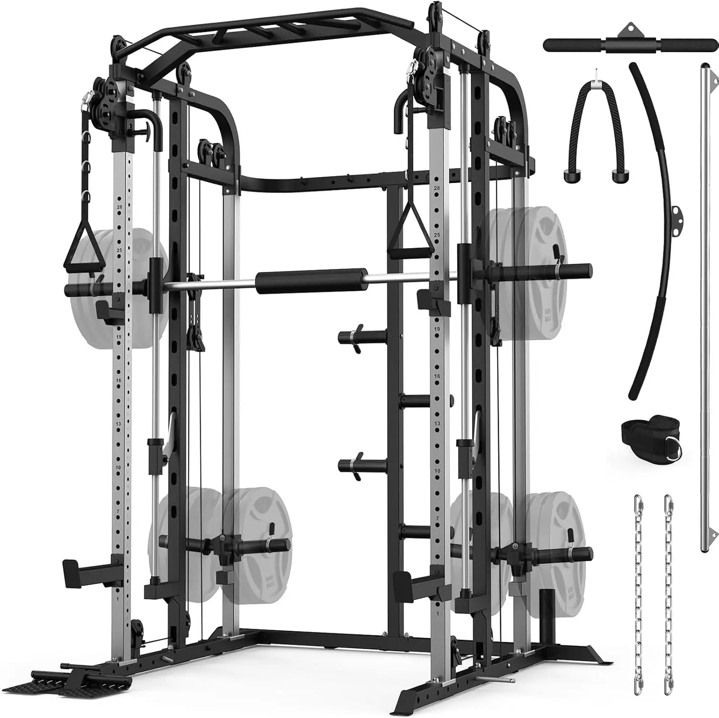Multifunctional Power Cage Rack with Smith Bar and Cable Pulley System/and LAT Pull Down Machine, Integrated Fitness Equipment