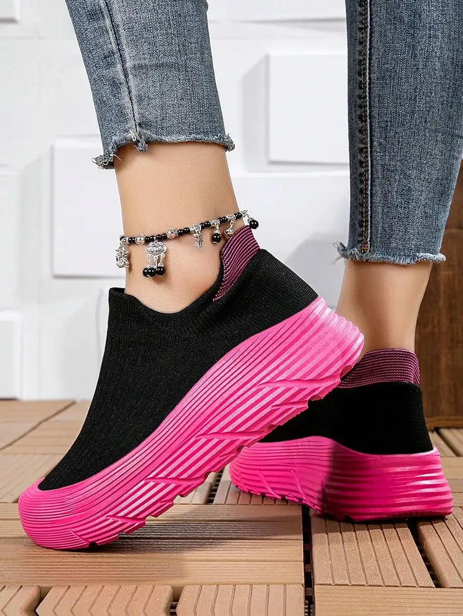 Women's Platform Sneakers Black With Pink Sole/Chunky Comfortable Slip-On Athletic Shoes