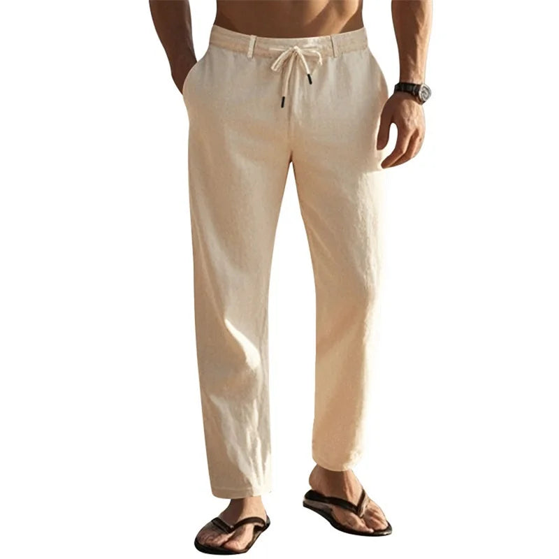 Men s Lightweight Drawstring Linen Pants with Pockets Comfortable/Straight Leg Casual Trousers for Summer Beach Wear