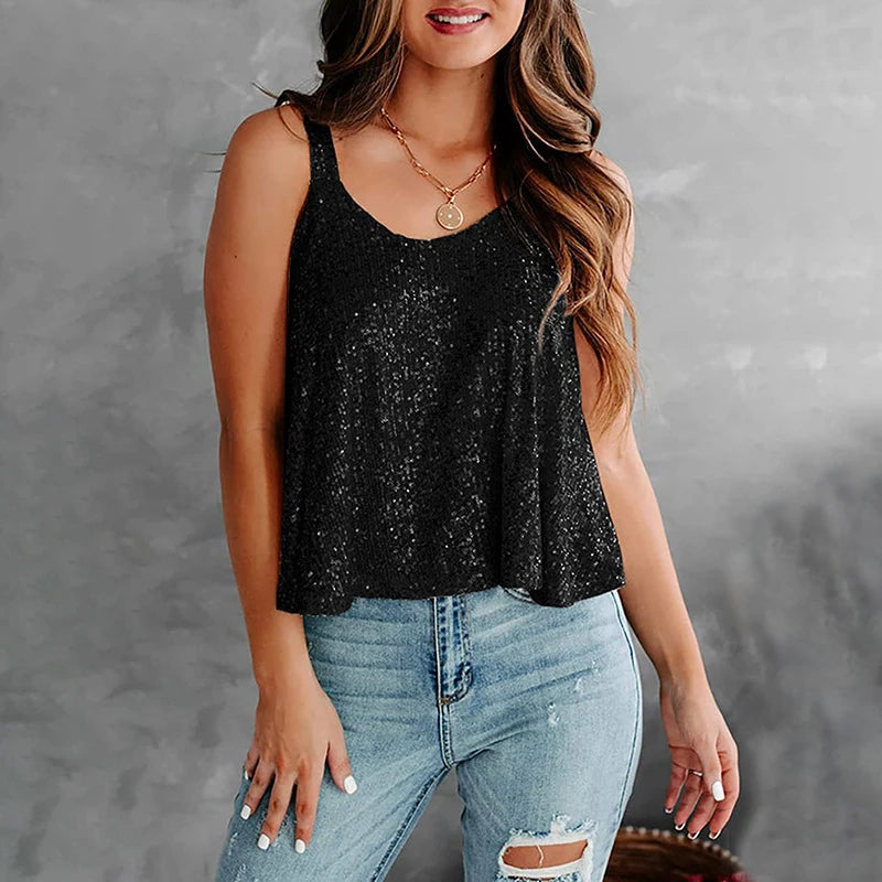 Sleeveless Sequin Tank Tops/Women's Party Top Halter Top