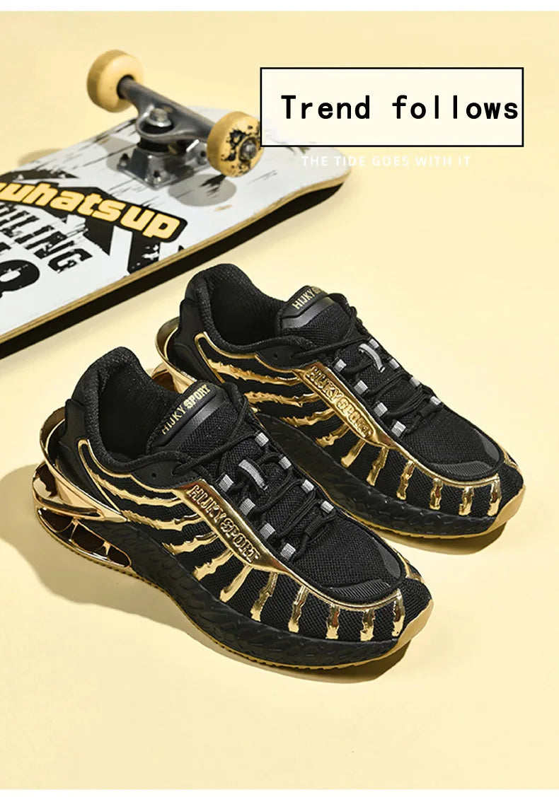 Men's air cushioned road running shoes, breathable weaving lightweight/and fashionable walking sports shoes, gold and silver