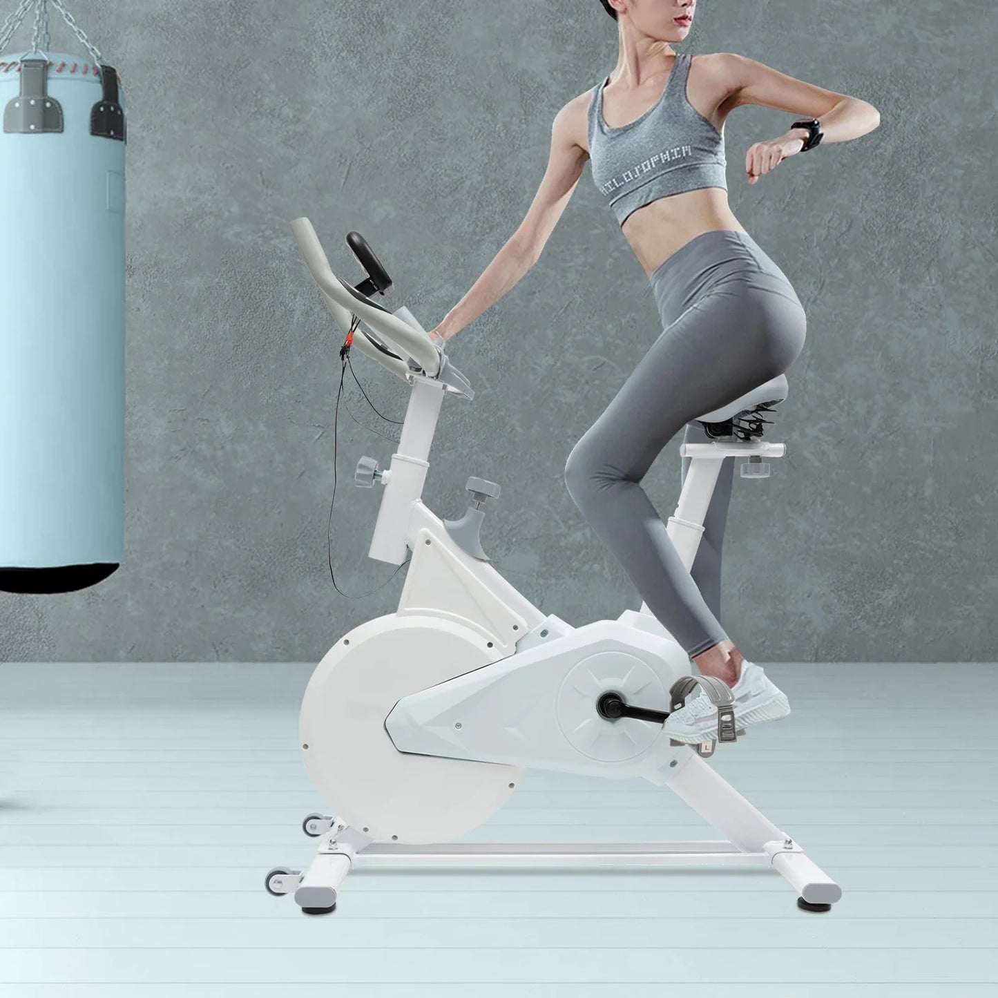 Indoor Fitness Bike White Exercise Bike Wool Pad Silent Braking/Adjustable Seat/Handle LCD Display, 80kg Capacity