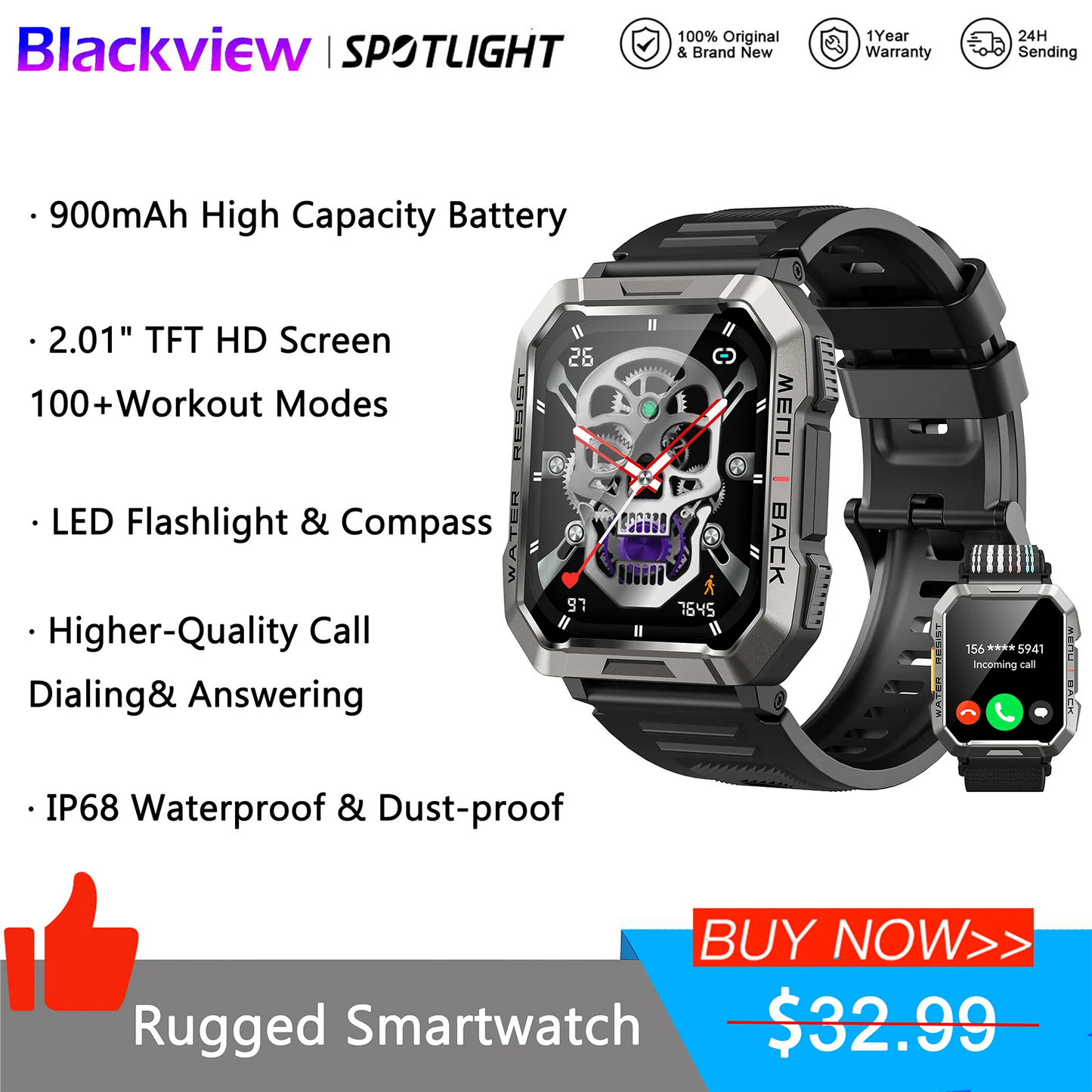 Blackview New Smart Watch 2.01'' HD Display Outdoor Men's Watches/with Emergency Lighting Bluetooth Call Waterproof Smartwatch