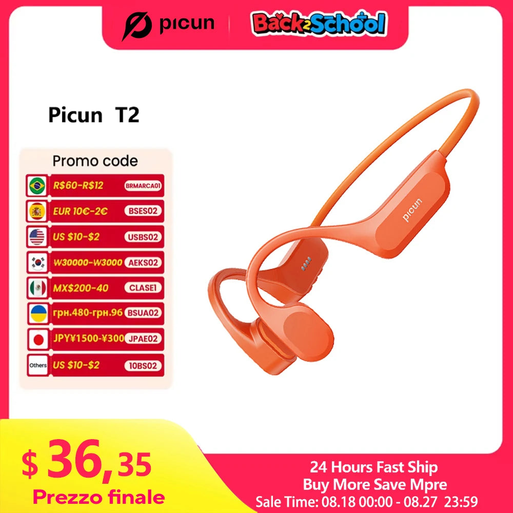 Picun T2 Bone Conduction Earphone IPX8 32GB Bluetooth 5.4 Wireless Headset/Hands-free with Mic Waterproof Earbud for Swimming