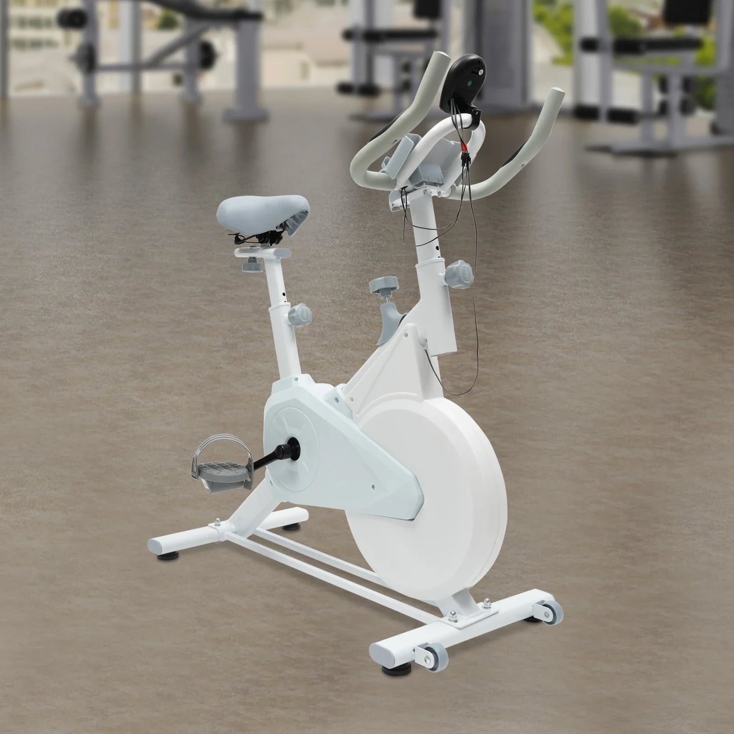 Indoor Fitness Bike White Exercise Bike Wool Pad Silent Braking/Adjustable Seat/Handle LCD Display, 80kg Capacity