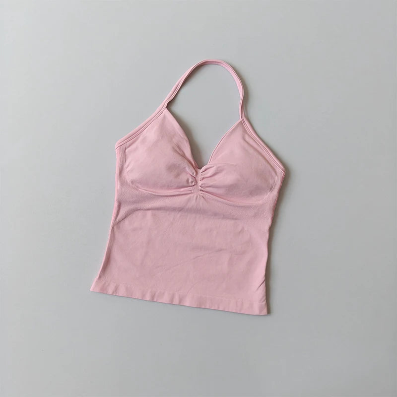 Longline Strappy Seamless Yoga Tank Top Backless/Gym Vest with Built-in Bra Sleeveless Workout Top
