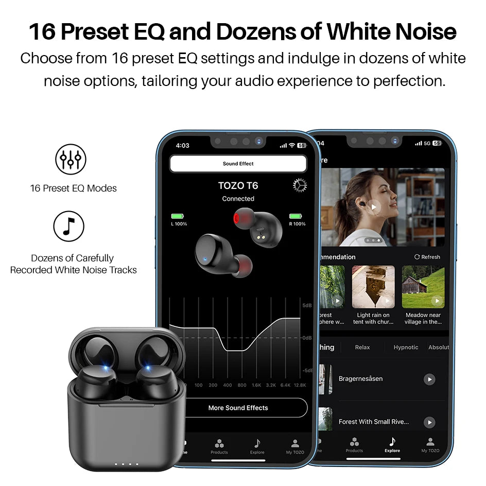 TOZO T6 mini Ergonomic Wireless Earbuds Bluetooth 5.3 TWS Headphones/in-Ear Headset IPX8 Waterproof 50Hrs Playtime