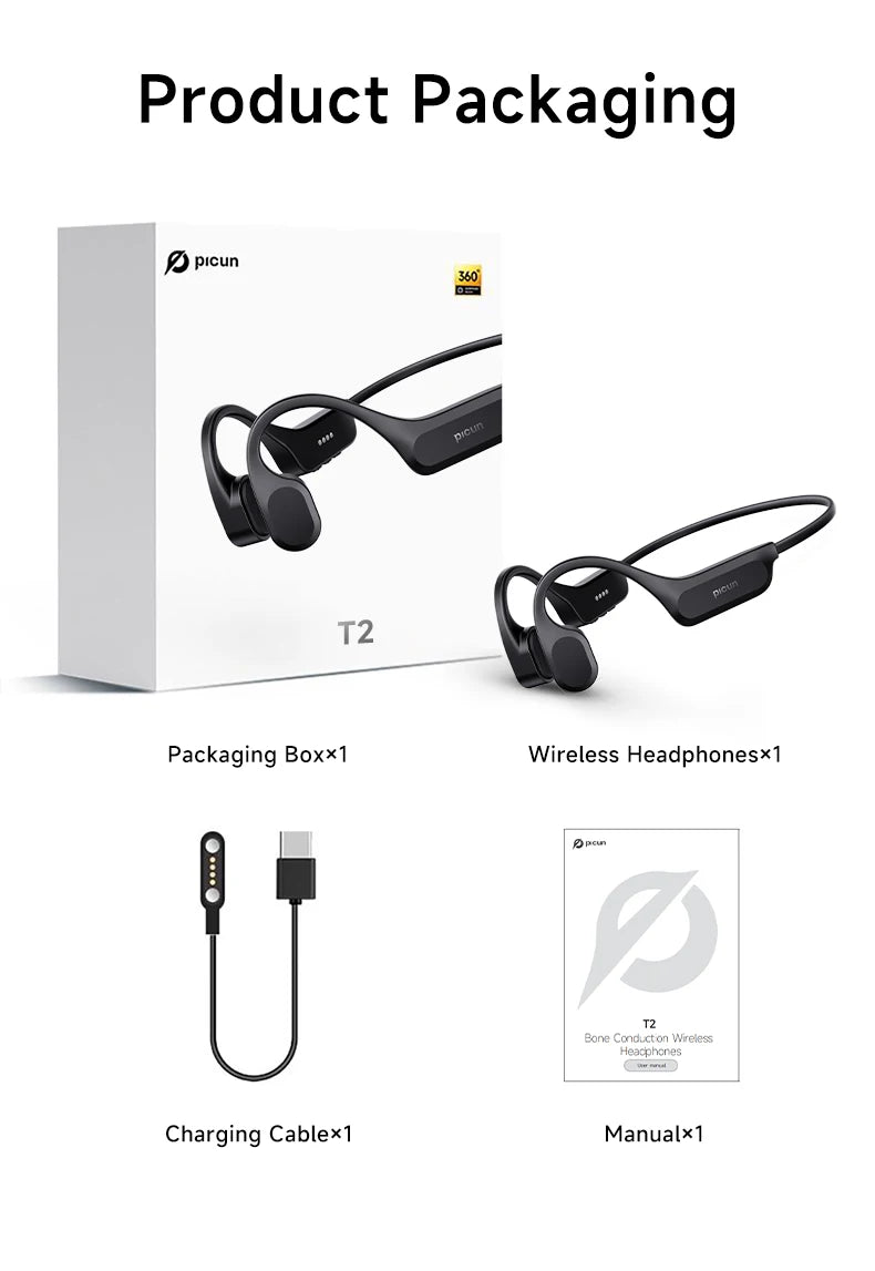 Picun T2 Bone Conduction Earphone IPX8 32GB Bluetooth 5.4 Wireless Headset/Hands-free with Mic Waterproof Earbud for Swimming