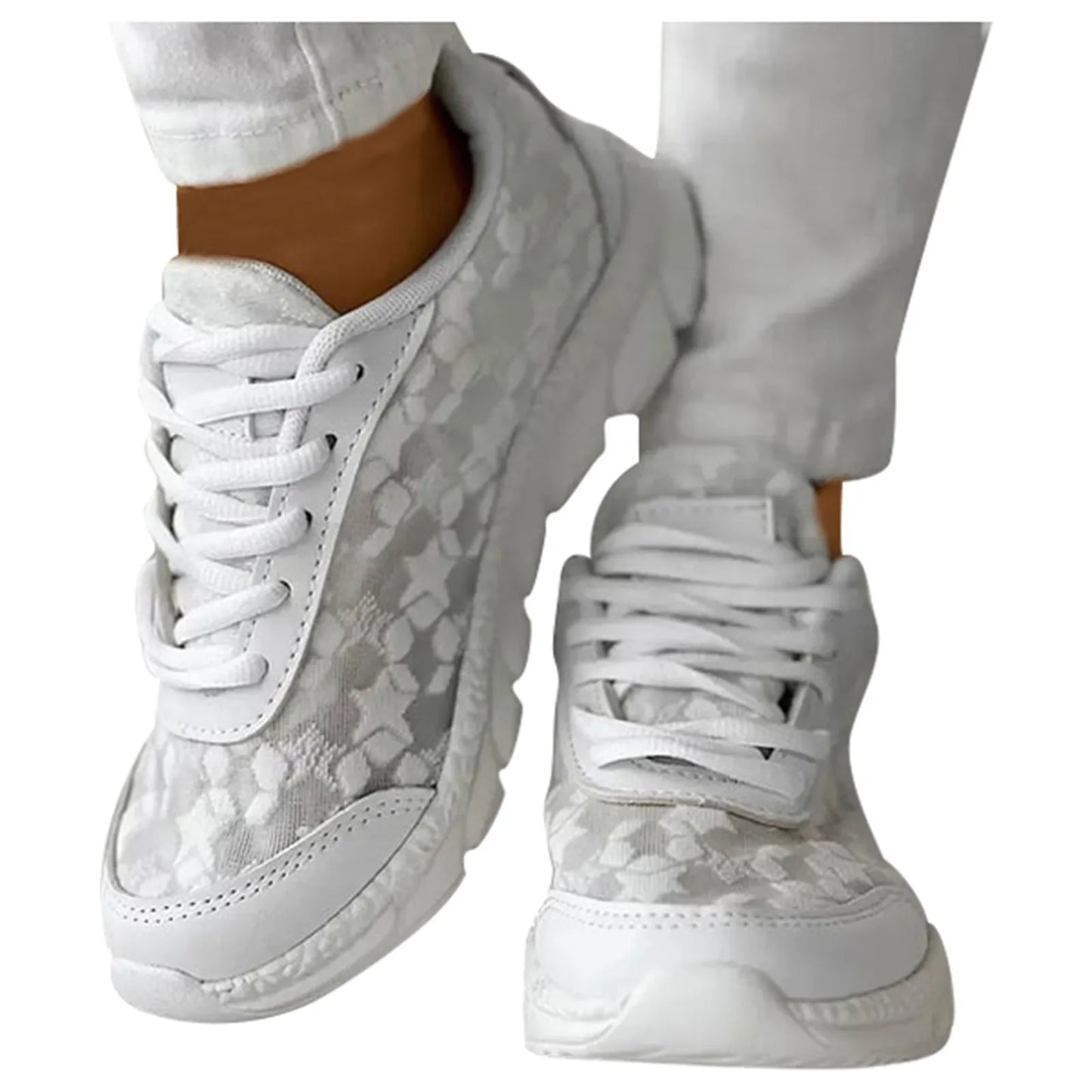 Women's Fashion Vulcanized Sneakers Breathable Mesh Leather/Patchwork Platform Shoes Color Matching Lace Up Running Shoes