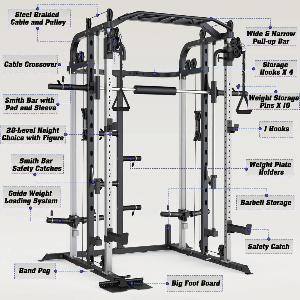 Multifunctional Power Cage Rack with Smith Bar and Cable Pulley System/and LAT Pull Down Machine, Integrated Fitness Equipment