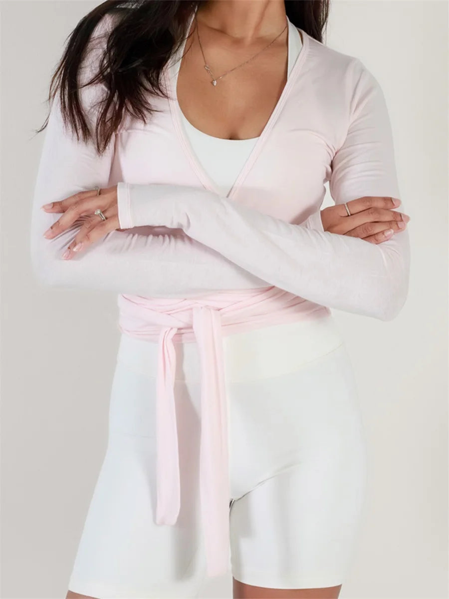 Women s Ballet Wrap Tops Solid Stylish V Neck Long Sleeve/Workout T-Shirt for Yoga and Pilates Practice