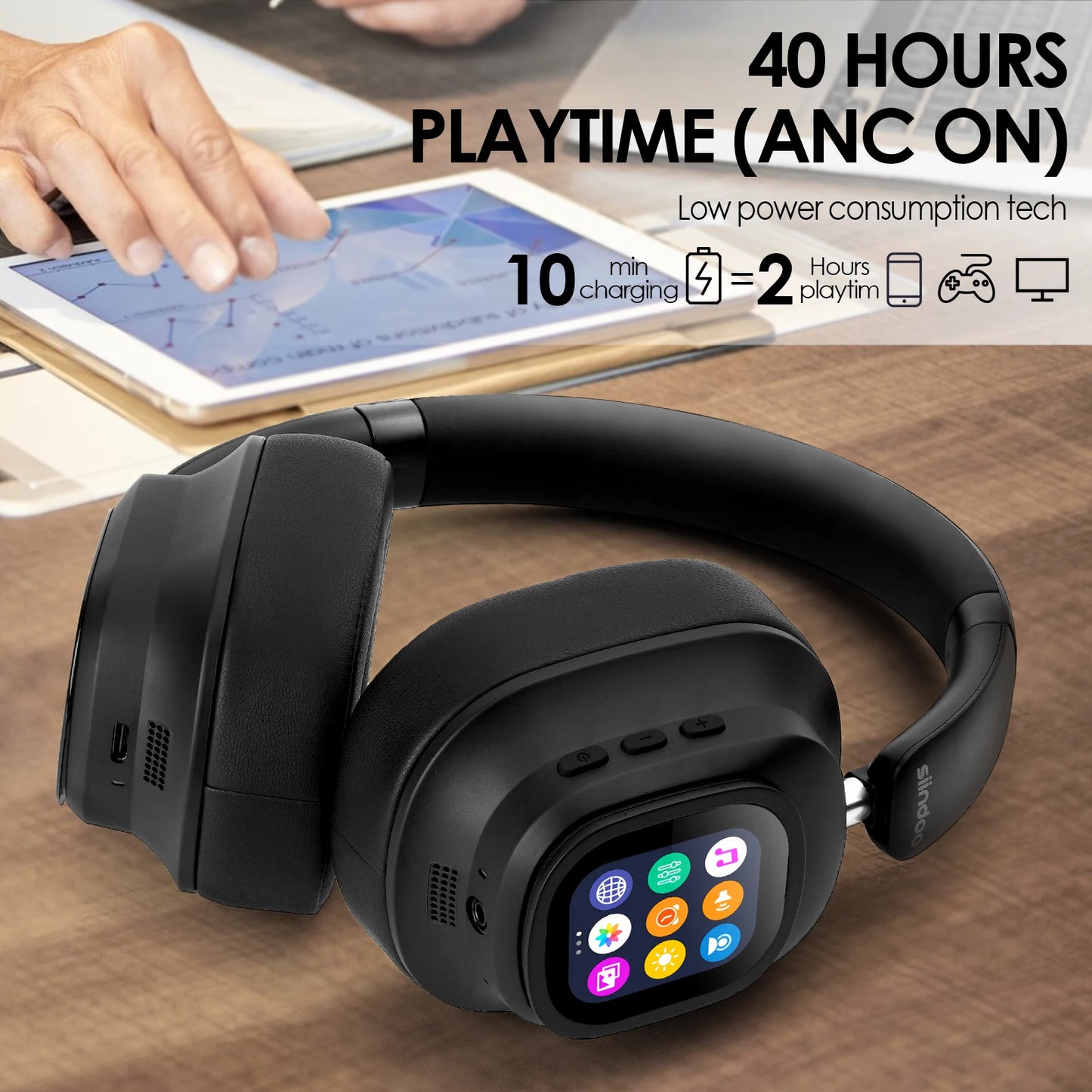 Siindoo JH-ANC930Plus Hybrid Wireless Headphone Active Noise Cancelling Headphones/With Multi Magnetic Touch Control LED Screen