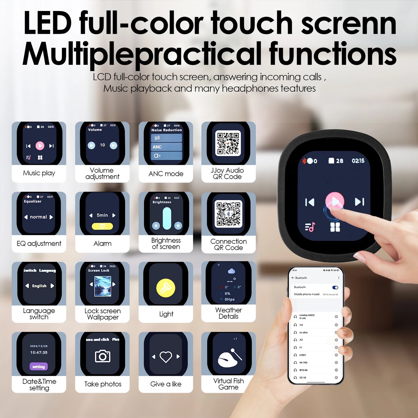 Siindoo JH-ANC930Plus Hybrid Wireless Headphone Active Noise Cancelling Headphones/With Multi Magnetic Touch Control LED Screen