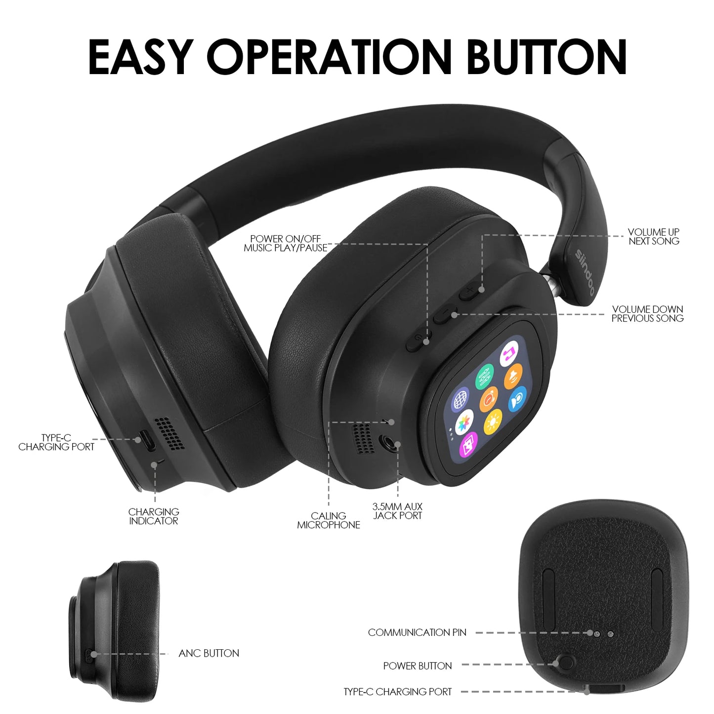 Siindoo JH-ANC930Plus Hybrid Wireless Headphone Active Noise Cancelling Headphones/With Multi Magnetic Touch Control LED Screen