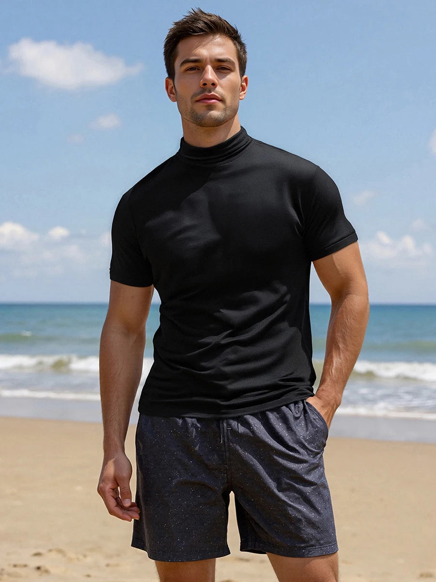 Men s Casual Short Sleeve T-Shirt Fit Solid Color High Neck Summer/Basic Tee Simple Tops for Everyday Wear