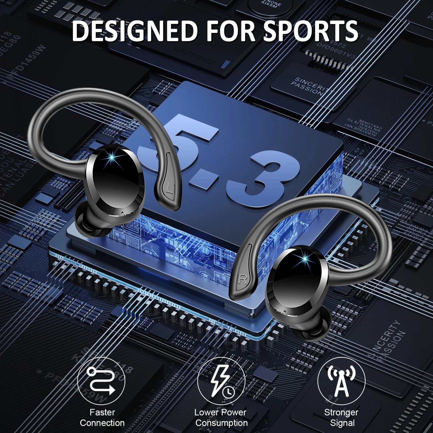 Wireless Earbuds, Bluetooth 5.3 On-Ear Headset Noise Cancelling Mic/48H Playtime Sports Headphones for Workout/Running.