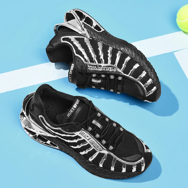 Men's air cushioned road running shoes, breathable weaving lightweight/and fashionable walking sports shoes, gold and silver