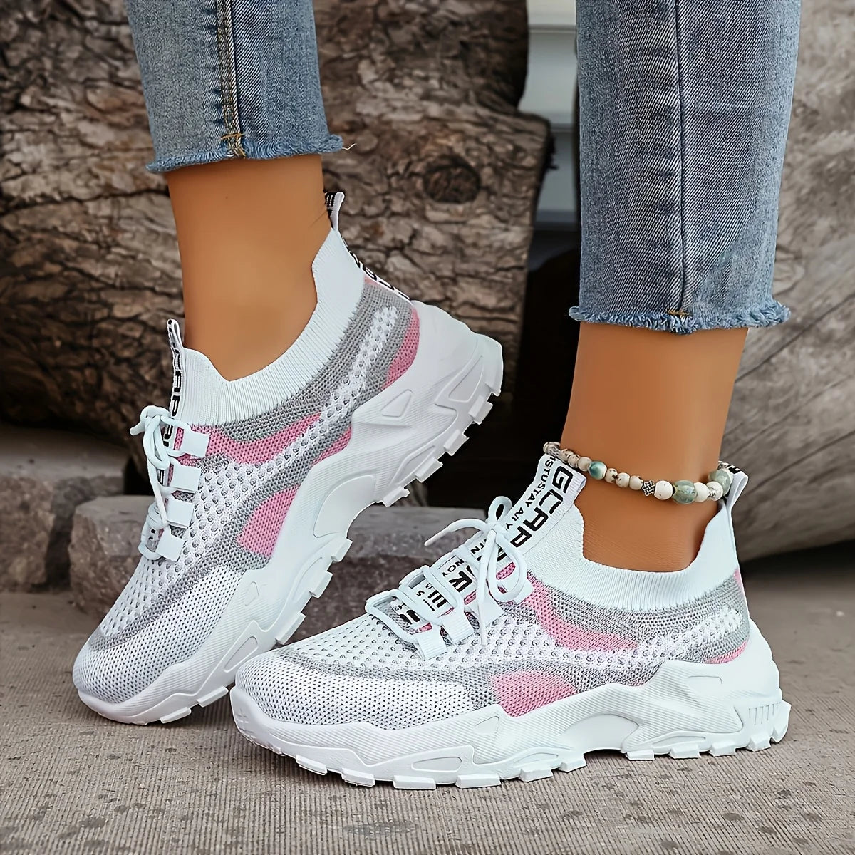 Ladies Breathable Mesh Patchwork Chunky Sneakers/Lace Up Height Increasing Platform Walking Shoes Non Slip Shoes