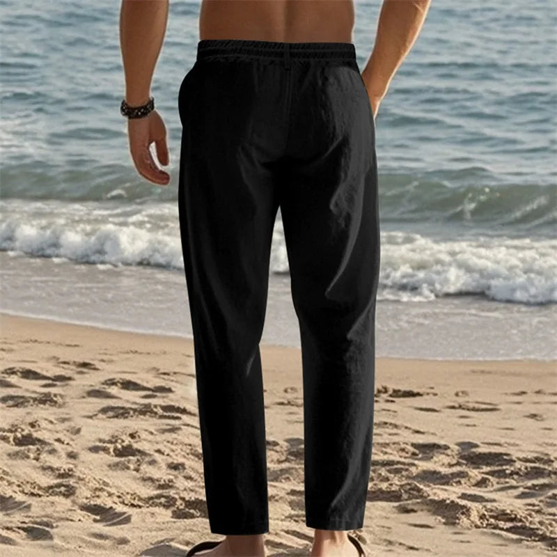 Men s Lightweight Drawstring Linen Pants with Pockets Comfortable/Straight Leg Casual Trousers for Summer Beach Wear