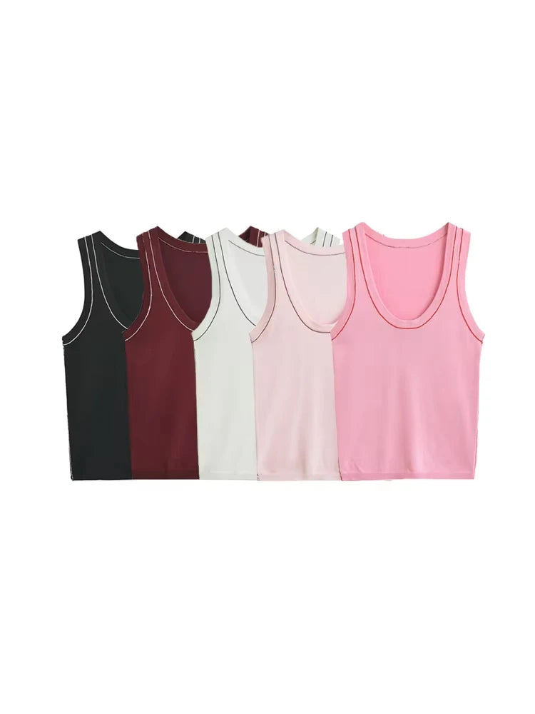 Women's Sleeveless Knit Tank Tops V Neck/Contrast Trims Female Vest Fashion