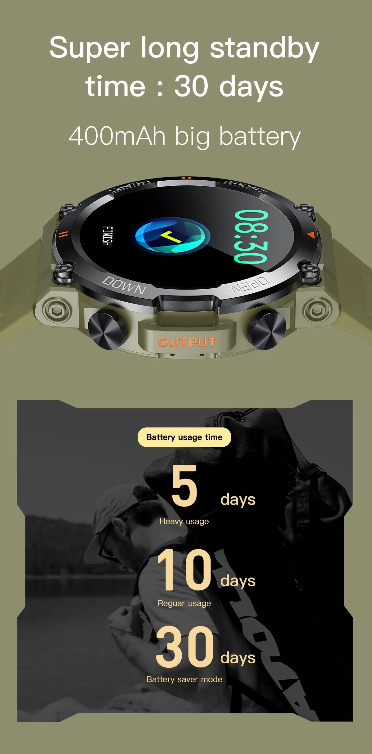 SENBONO Men's Smart Watch Big Screen Bluetooth Call 400mAh Military/Outdoor Sports Fitness Tracker Smartwatch Men Women K56