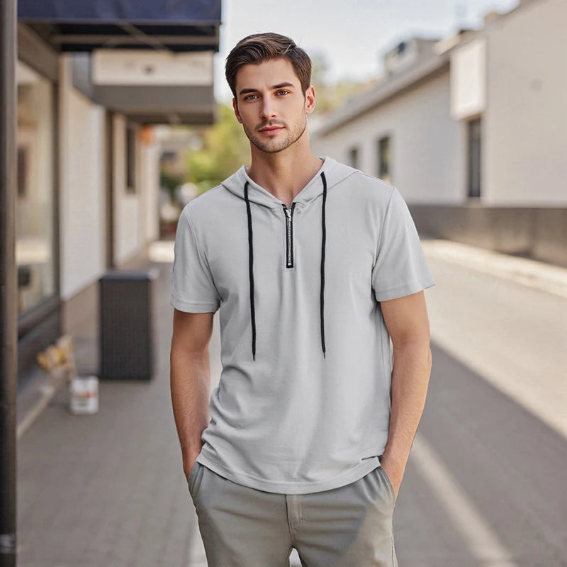 Men s Lightweight Short Sleeve Zip Up Hoodie Sweatshirt with Drawstring/Solid Color Casual Pullover Hooded T-Shirt for Summer
