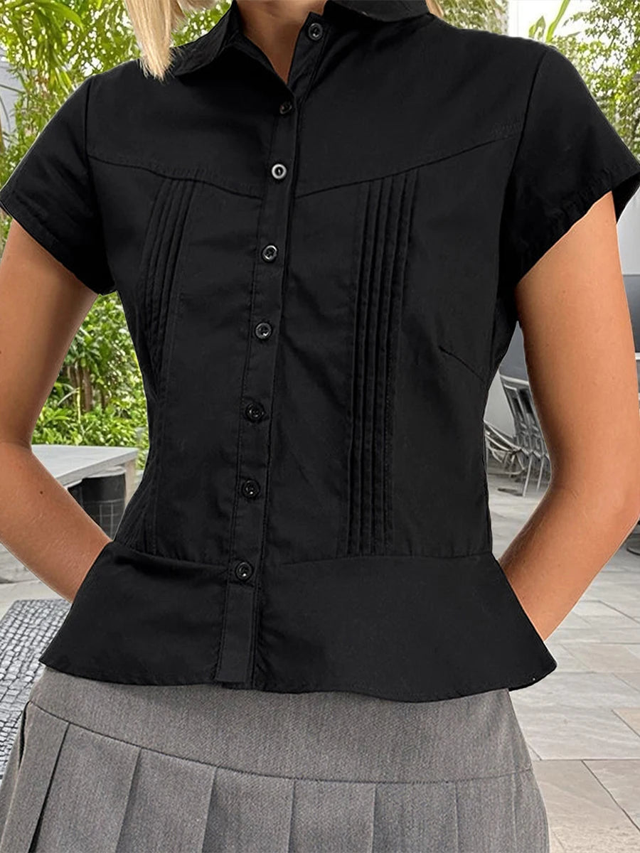 Women s Casual V-Neck T-Shirt Loose Fit Short Sleeve Solid Color/Button Down Pleated Blouse Summer Tops for Ladies