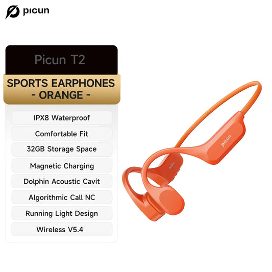 Picun T2 Bone Conduction Earphone IPX8 32GB Bluetooth 5.4 Wireless Headset/Hands-free with Mic Waterproof Earbud for Swimming