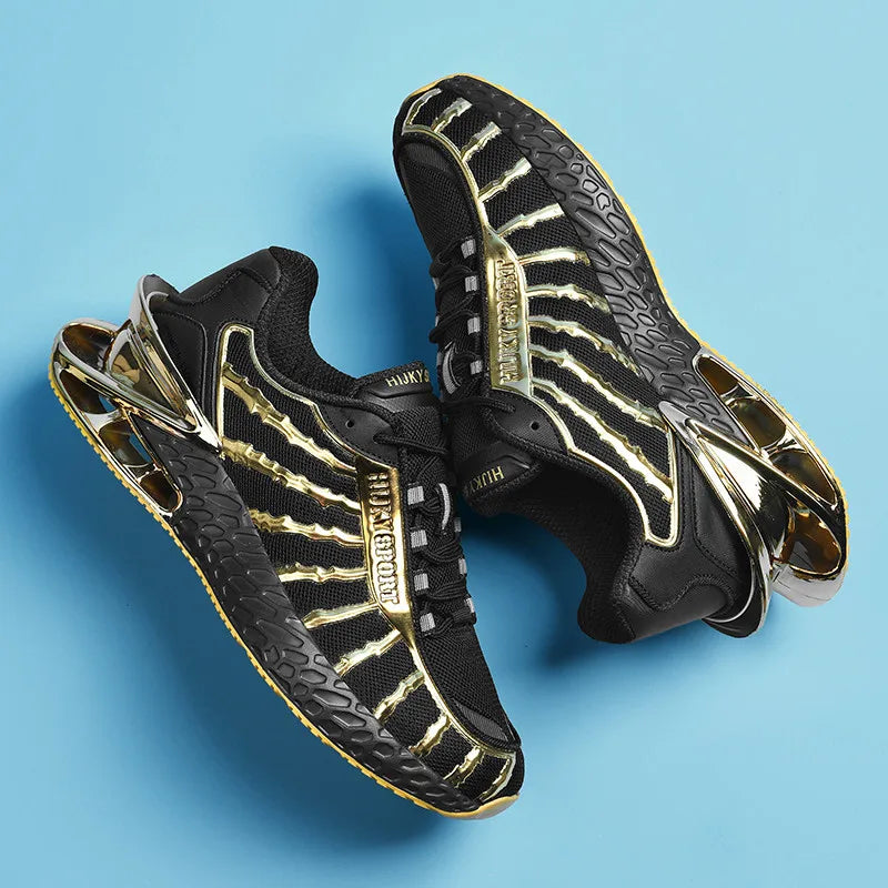 Men's air cushioned road running shoes, breathable weaving lightweight/and fashionable walking sports shoes, gold and silver