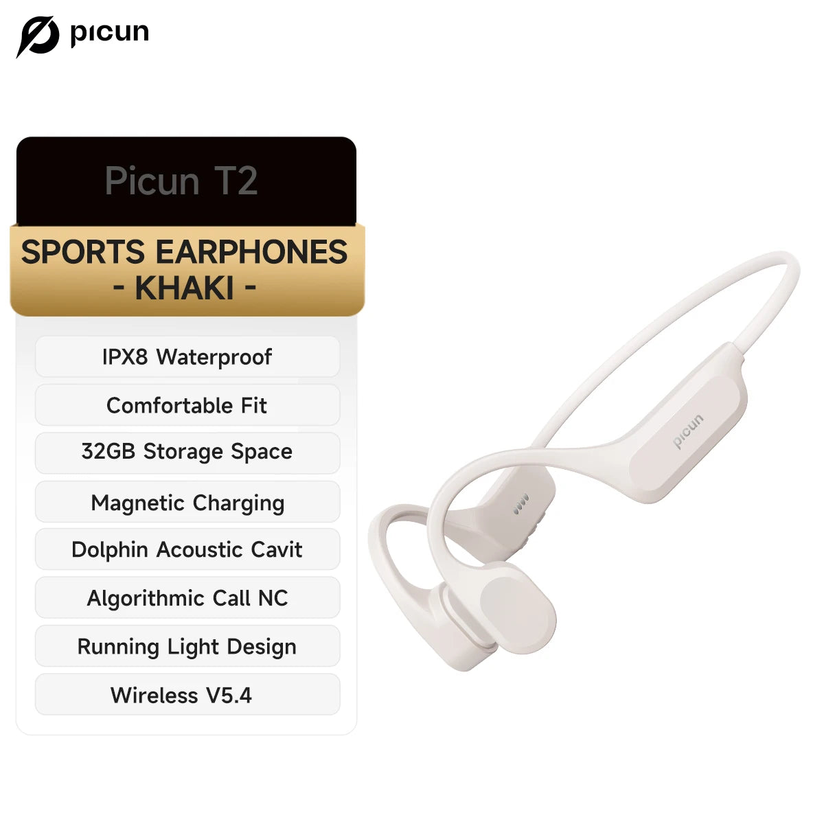 Picun T2 Bone Conduction Earphone IPX8 32GB Bluetooth 5.4 Wireless Headset/Hands-free with Mic Waterproof Earbud for Swimming