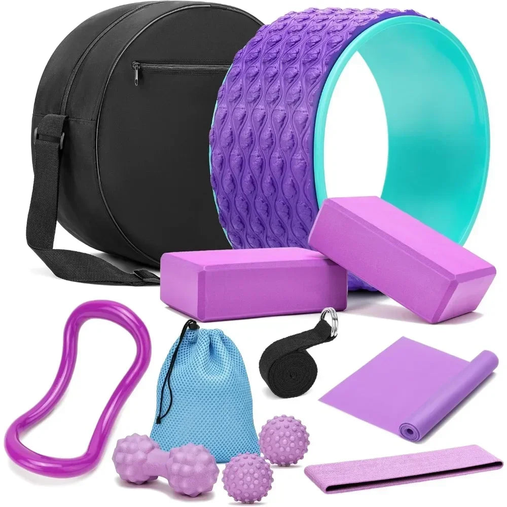 Yoga Wheel 12 in 1 Set with Back Roller for Pain Relief & Deep Tissue Massage/Yoga Blocks 2 Pack with Yoga Ring Yoga Strap