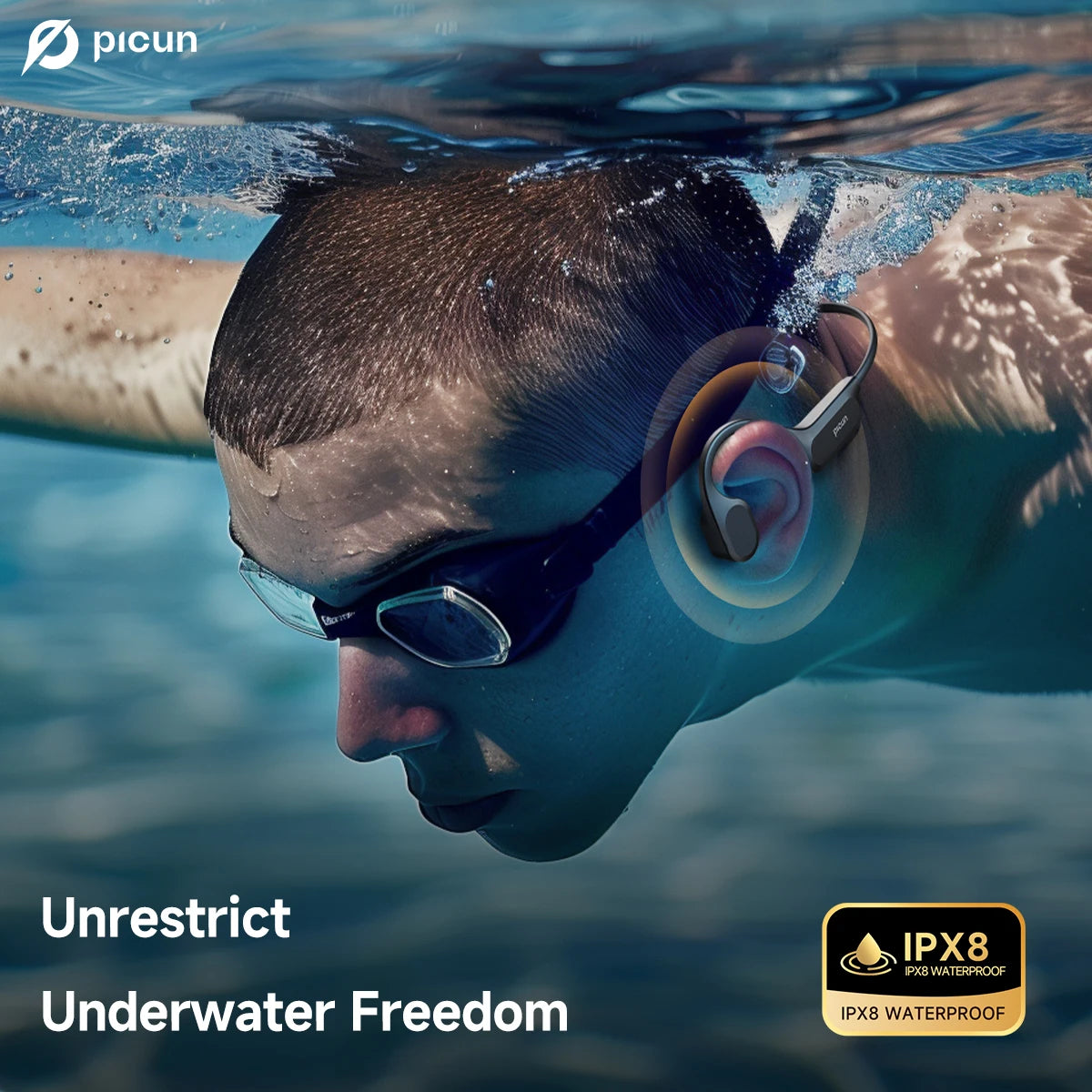 Picun T2 Bone Conduction Earphone IPX8 32GB Bluetooth 5.4 Wireless Headset/Hands-free with Mic Waterproof Earbud for Swimming