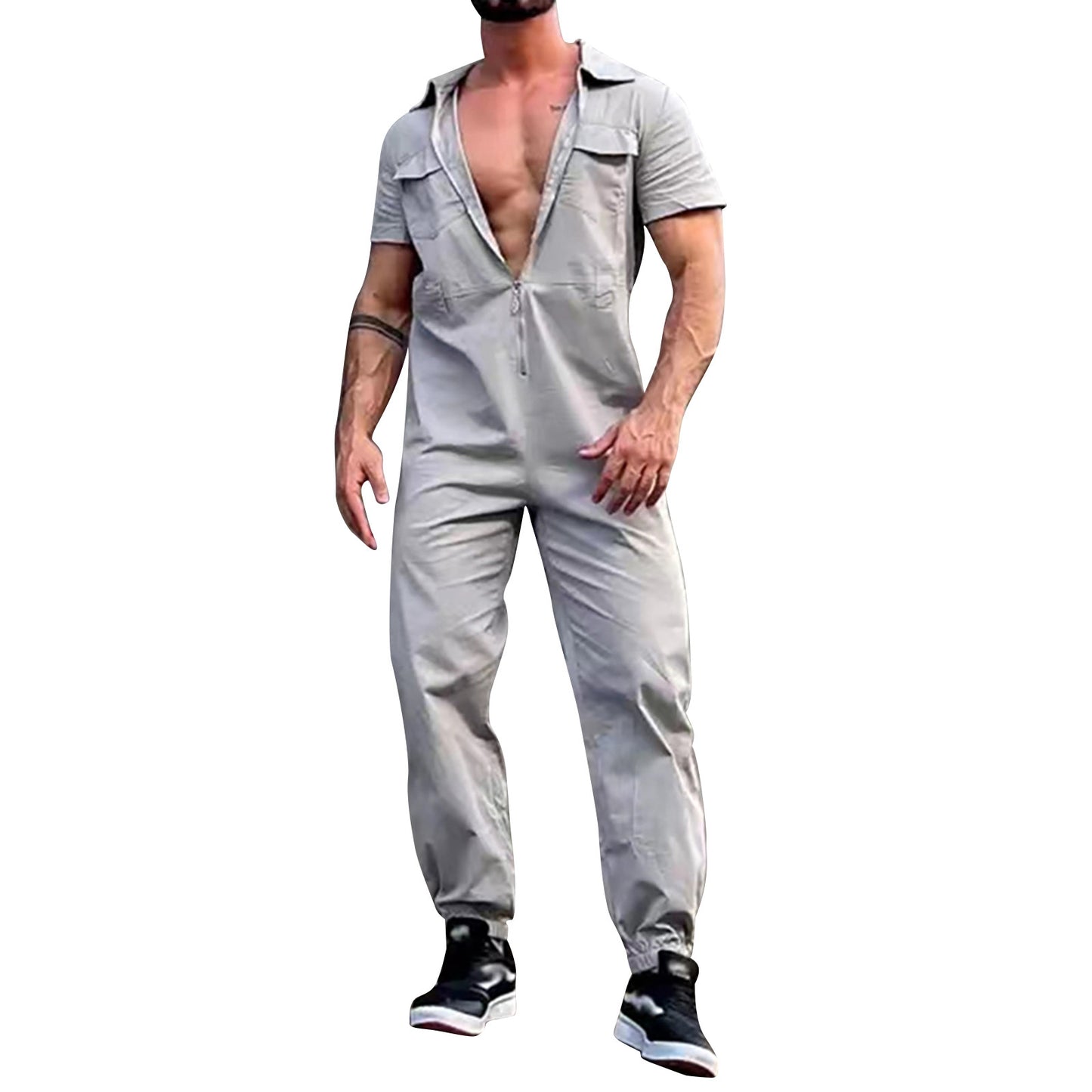 Men'S Casual Jumpsuit Zip Up Sports Trousers Belt Overalls Jumpsuit Summer Suit Soild Clothing For Men Loose Streetwear Hombre