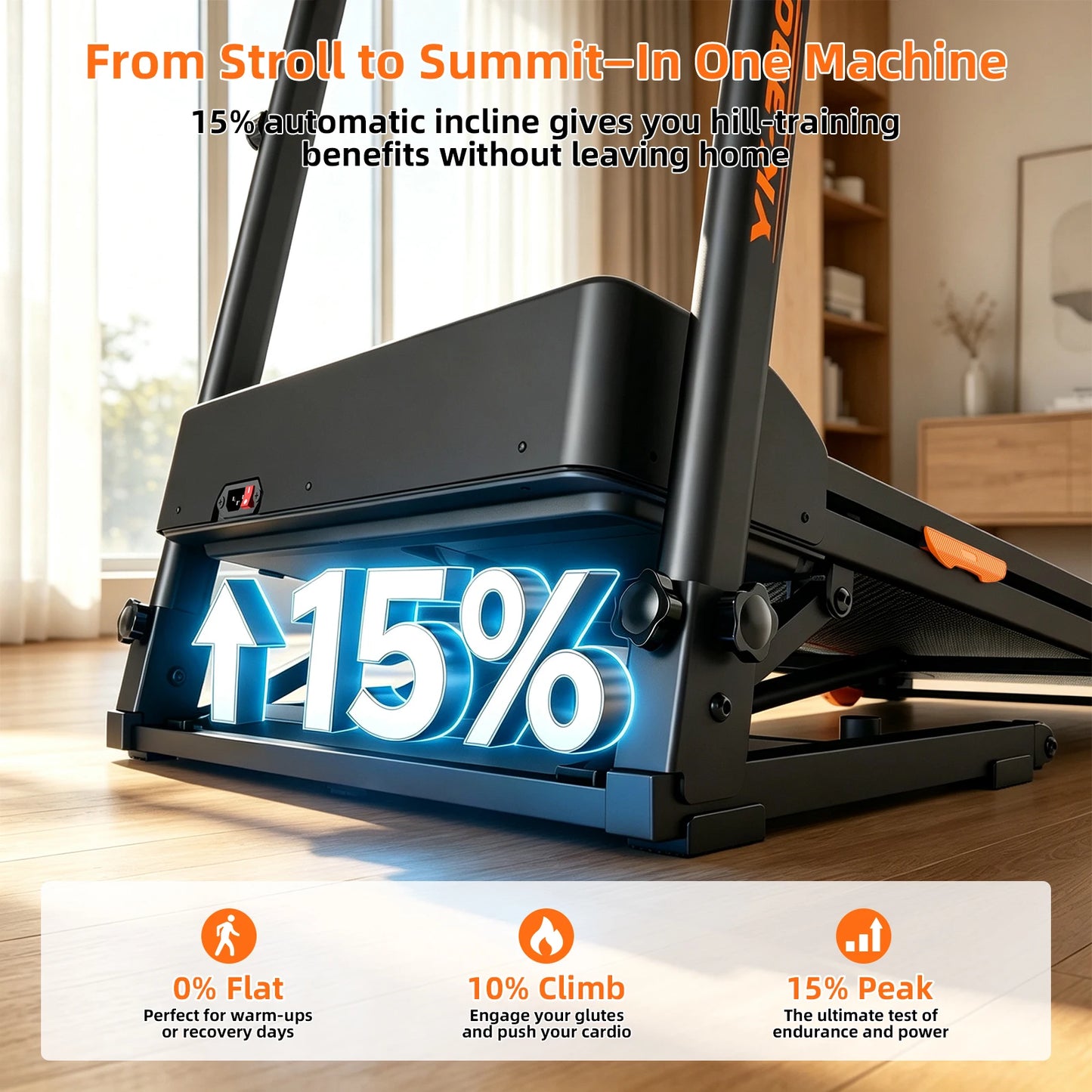 Folding Treadmill 15 Percent Automatic Incline 3.0HP Motor 300LBS Weight Capacity/3 Level Adjustable Height LCD Display 12 Workout Treadmill
