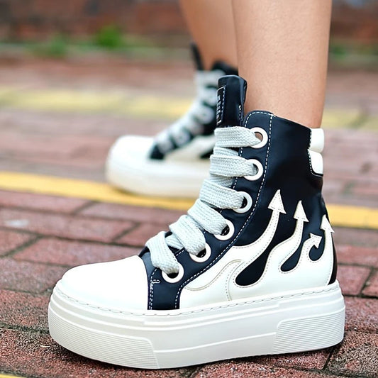 Women's High Top Flame Sports Shoes Wide Lace Up Casual Sneakers/For Woman Flat Platform Ladies Embroider Sneakers Girls Tennis