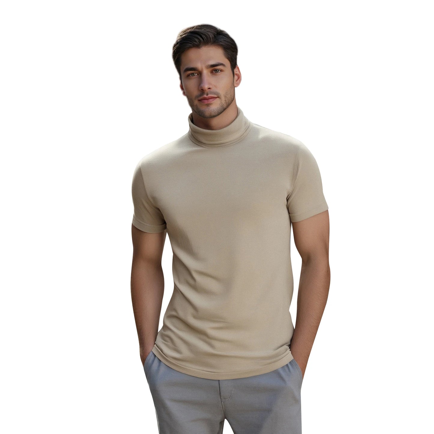 Men s Casual Short Sleeve T-Shirt Fit Solid Color High Neck Summer/Basic Tee Simple Tops for Everyday Wear