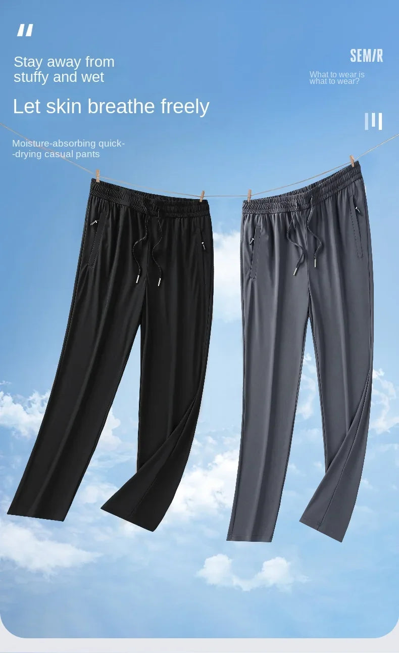 Ice Silk Men's trousers summer black-and-gray thin style business casual/pants outdoor stretch breathable straight leg Pants