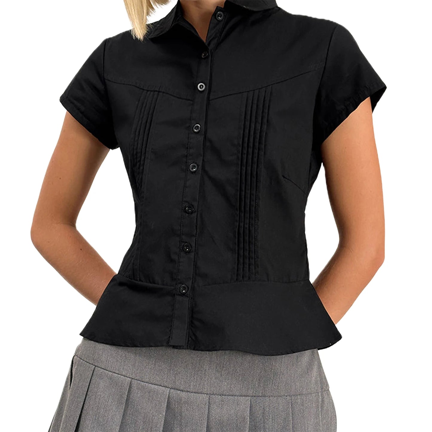 Women s Casual V-Neck T-Shirt Loose Fit Short Sleeve Solid Color/Button Down Pleated Blouse Summer Tops for Ladies