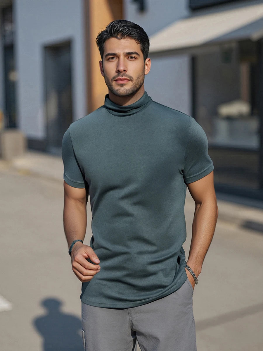 Men s Casual Short Sleeve T-Shirt Fit Solid Color High Neck Summer/Basic Tee Simple Tops for Everyday Wear