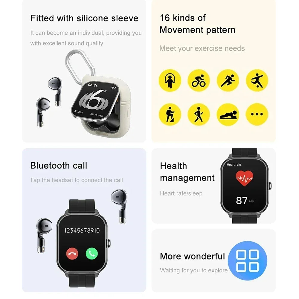 New 2-In-1 Smart Watch With Ear Buds For Men 2 Inch NFC Wireless Call/Fitness Music Control For Huawei Smartphone