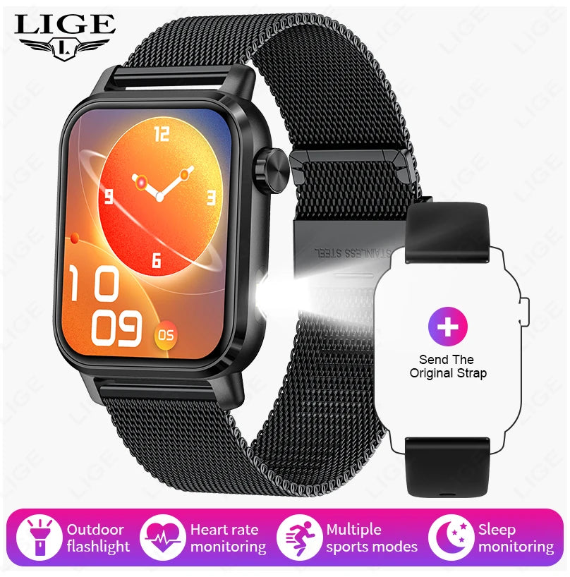 LIGE New Smart Watch 1.85''HD Screen Men Watches 3D Dial Bluetooth Call/Sport Fitness Tracker Men Smartwatch With LED Flashlight