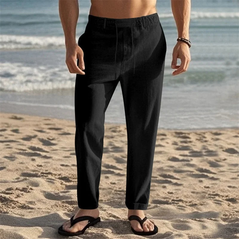 Men s Lightweight Drawstring Linen Pants with Pockets Comfortable/Straight Leg Casual Trousers for Summer Beach Wear
