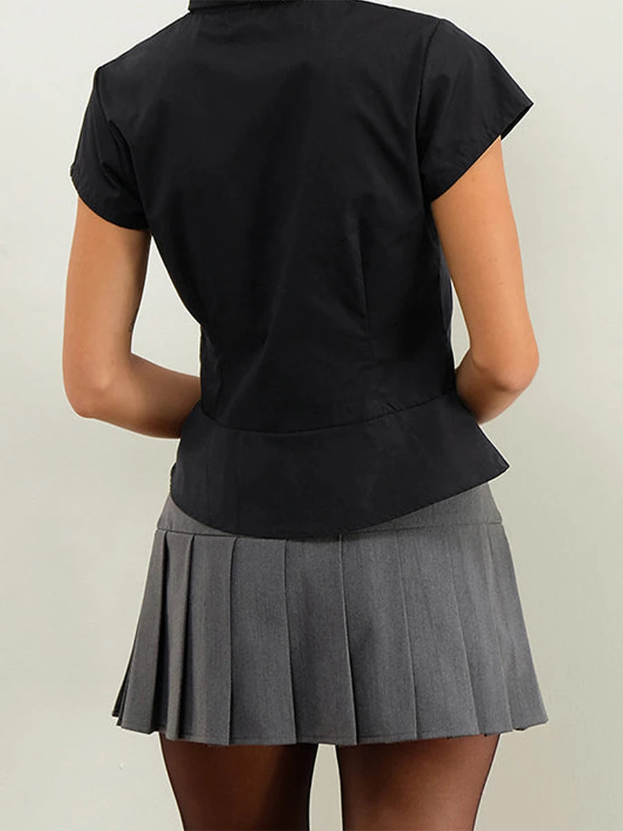 Women s Casual V-Neck T-Shirt Loose Fit Short Sleeve Solid Color/Button Down Pleated Blouse Summer Tops for Ladies