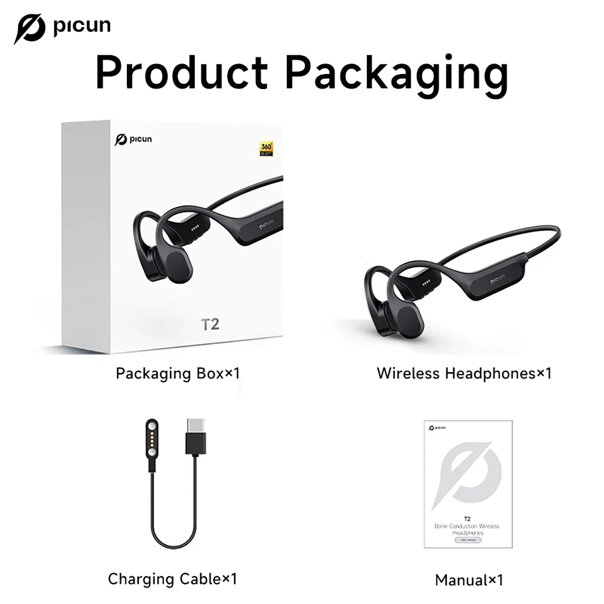 Picun T2 Bone Conduction Earphone IPX8 32GB Bluetooth 5.4 Wireless Headset/Hands-free with Mic Waterproof Earbud for Swimming