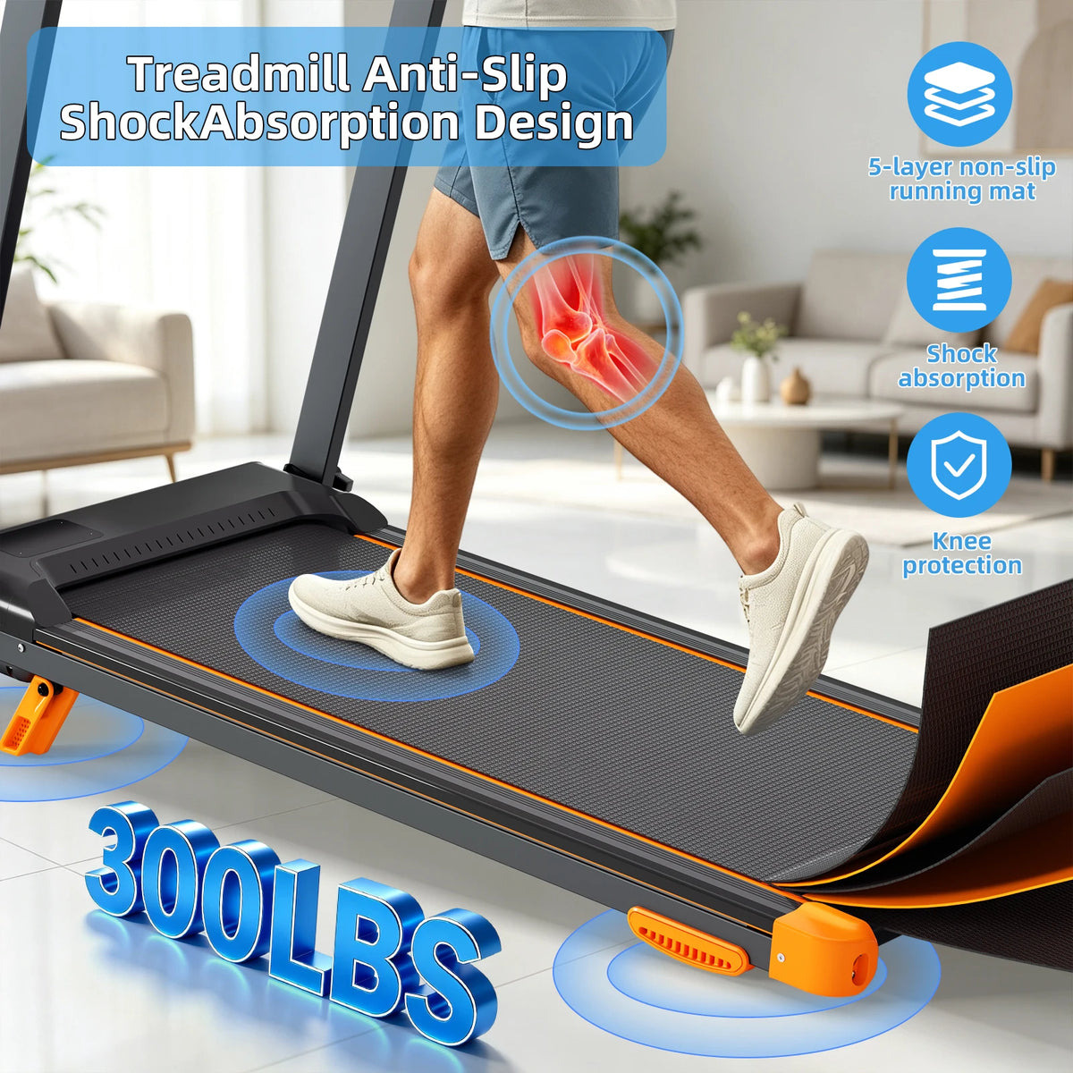 Folding Treadmill 12 Percent Incline 3.0HP Low Noise Motor Under 45Db/300LBS Weight Capacity 5 Layer Anti Slip Shock Absorbing
