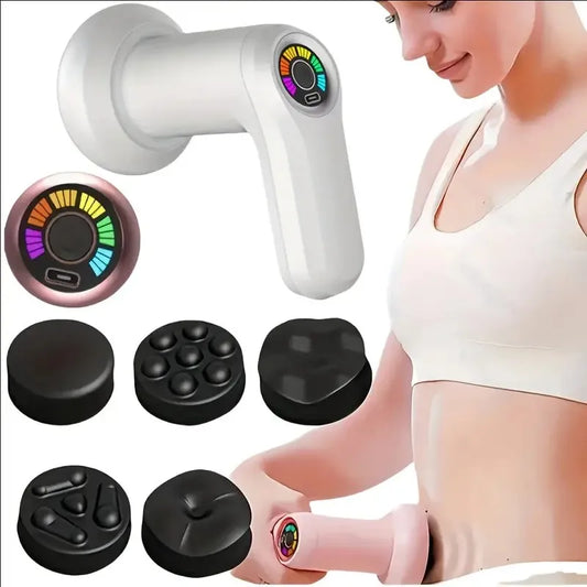 Portable Massage Gun Multifunctional Massager with 5 Massage Heads/USB Charging and Fat Pushing Machine White Suitable for Body