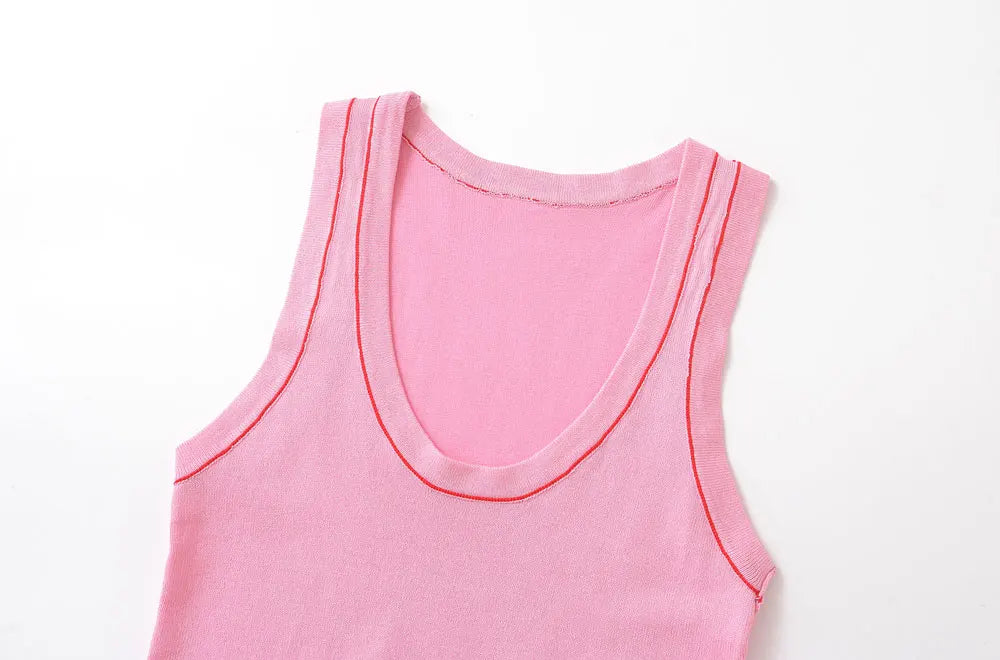 Women's Sleeveless Knit Tank Tops V Neck/Contrast Trims Female Vest Fashion